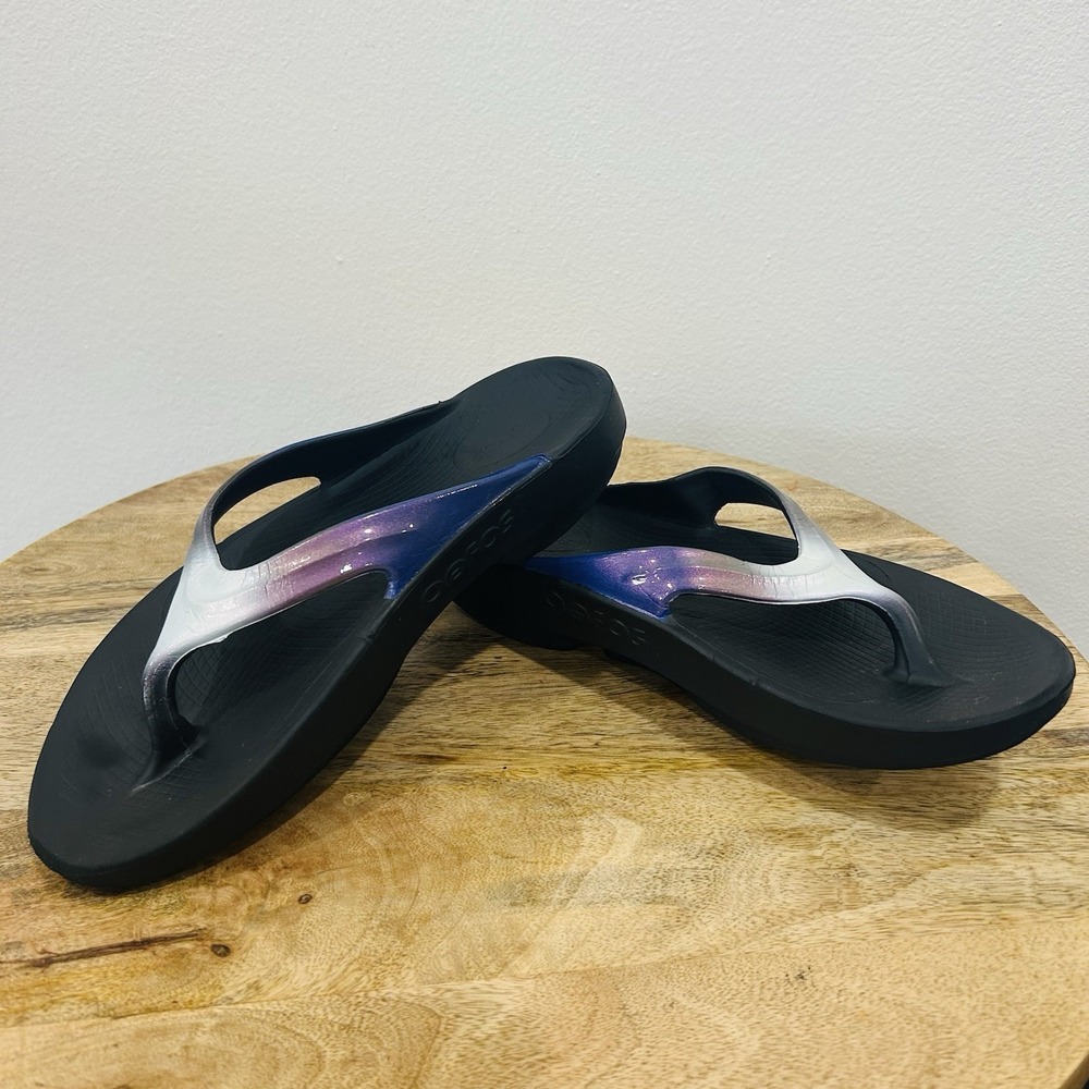 OOFOS OOlala Luxe Midnight Spectre Recovery Sandals  Flip Flop Thongs Women 10
